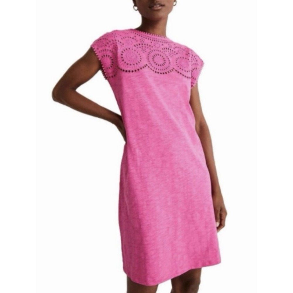 Boden Cotton Cutwork Jersey T-shirt Dress 10 Hot Pink Eyelet Cap Sleeve Coastal